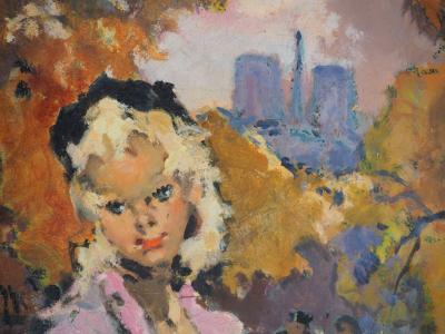 Pierre GRISOT : Parisienne rêveuse devant Notre Dame - Huile sur toile, Signée 2