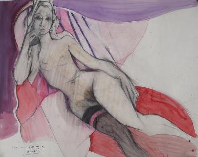 Camille Hilaire : Nu à la jarretelle - Aquarelle originale signée 2