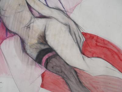 Camille Hilaire : Nu à la jarretelle - Aquarelle originale signée 2