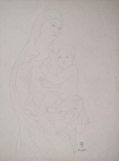 Tsuguharu Léonard Foujita : Vierge à l’enfant - Dessin original signé