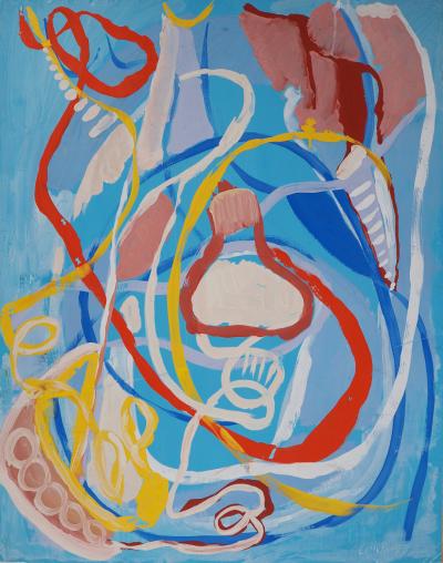 André Lanskoy : Composition abstraite sur fond bleu - Gouache originale Signée 2