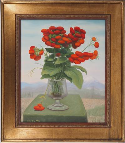 André QUELLIER - Bouquet rouge : les calcéolaires et la montagne, Huile sur panneau signée 2