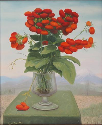 André QUELLIER - Bouquet rouge : les calcéolaires et la montagne, Huile sur panneau signée 2