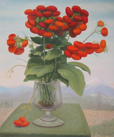 André QUELLIER - Bouquet rouge : les calcéolaires et la montagne, Huile sur panneau signée 2