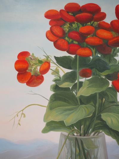 André QUELLIER - Bouquet rouge : les calcéolaires et la montagne, Huile sur panneau signée 2