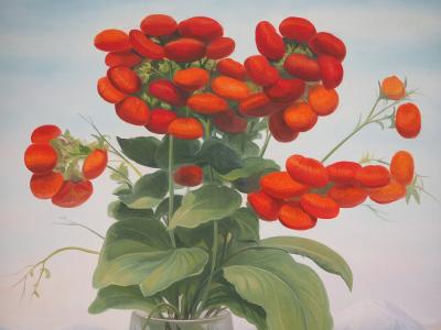 André QUELLIER - Bouquet rouge : les calcéolaires et la montagne, Huile sur panneau signée 2