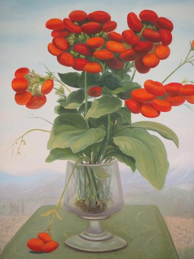 André QUELLIER - Bouquet rouge : les calcéolaires et la montagne, Huile sur panneau signée 2