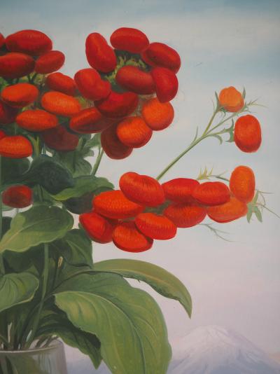 André QUELLIER - Bouquet rouge : les calcéolaires et la montagne, Huile sur panneau signée 2
