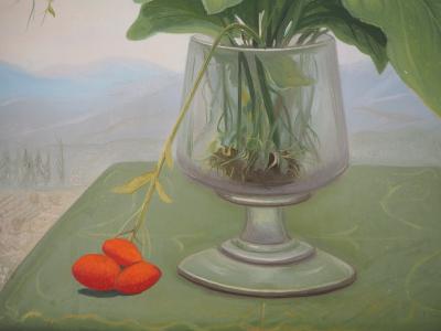 André QUELLIER - Bouquet rouge : les calcéolaires et la montagne, Huile sur panneau signée 2