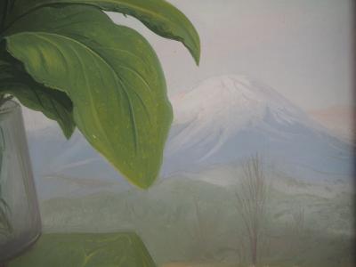 André QUELLIER - Bouquet rouge : les calcéolaires et la montagne, Huile sur panneau signée 2