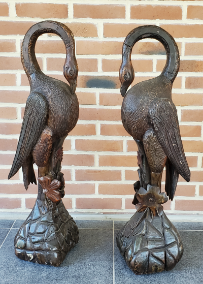 Sculpture - Paire De Flamant Rose - Bois Polychrome - Fin XIXème 2