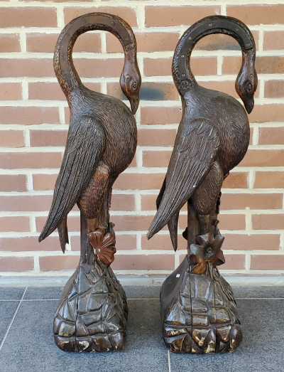 Sculpture - Paire De Flamant Rose - Bois Polychrome - Fin XIXème 2