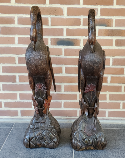 Sculpture - Paire De Flamant Rose - Bois Polychrome - Fin XIXème 2