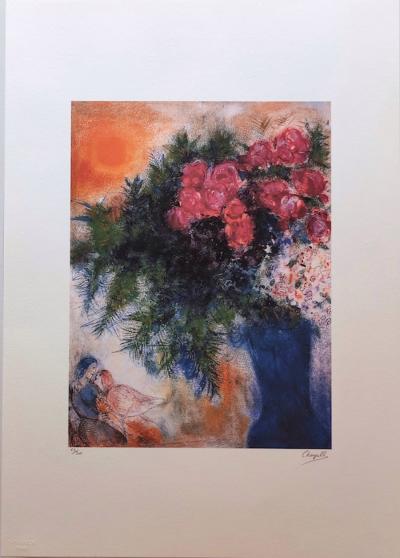 Marc CHAGALL (APRÈS) - Les Amourex au bouquet de fleurs - Lithographie