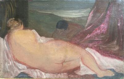 Pierre GEORGEOT - Le nu et le voyeur - Huile sur toile signée 2