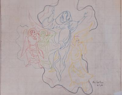 Jean Cocteau : La Gloire de Marie et les anges musiciens, 1952 - Dessin original signé