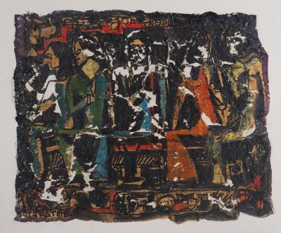 Ladislas KIJNO : Hommage à Gauguin, Tahitiennes et papier froissé - Huile sur toile signée 2