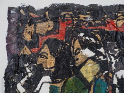 Ladislas KIJNO : Hommage à Gauguin, Tahitiennes et papier froissé - Huile sur toile signée 2