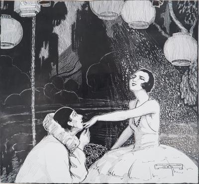 Simon MONNATTE: Pierrot and Dancer in a Japanese setting, 1923 - Original signed drawing 2