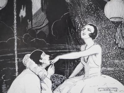 Simon MONNATTE: Pierrot and Dancer in a Japanese setting, 1923 - Original signed drawing 2
