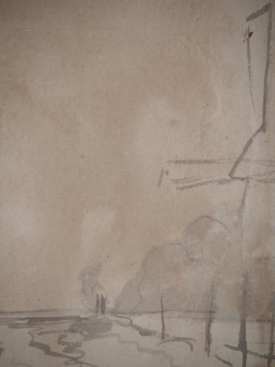 Johan Barthold Jongkind : Chemin de halage au bord d’un canal et Moulin - Aquarelle originale Signée 2