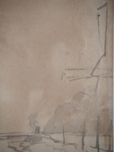 Johan Barthold Jongkind : Chemin de halage au bord d’un canal et Moulin - Aquarelle originale Signée 2