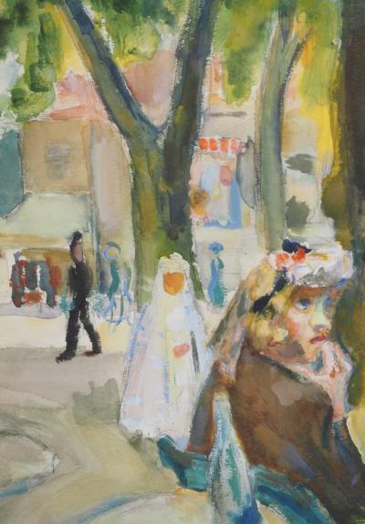 Kurt GROEGER : Marseille, Femme à une terrasse de café et communiante - Aquarelle originale signée 2