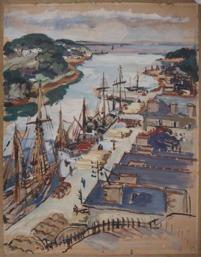Maryvonne Méheut : Bretagne, Petit port à l’embouchure de la rivière - Gouache originale signée 2