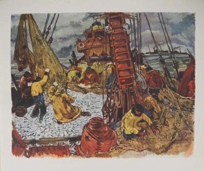 Mathurin MEHEUT - Bretagne : La pèche, Chalutier vidant ses filets, c. 1955 -  Héliogravure en couleur, Signée