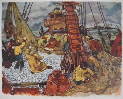 Mathurin MEHEUT - Bretagne : La pèche, Chalutier vidant ses filets, c. 1955 -  Héliogravure en couleur, Signée 2