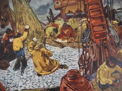 Mathurin MEHEUT - Bretagne : La pèche, Chalutier vidant ses filets, c. 1955 -  Héliogravure en couleur, Signée 2