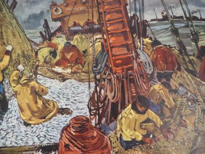 Mathurin MEHEUT - Bretagne : La pèche, Chalutier vidant ses filets, c. 1955 -  Héliogravure en couleur, Signée 2