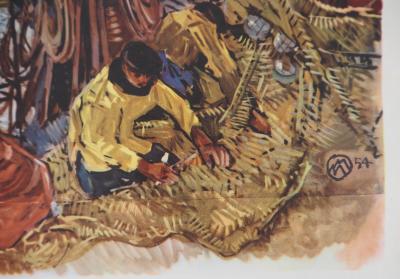 Mathurin MEHEUT - Bretagne : La pèche, Chalutier vidant ses filets, c. 1955 -  Héliogravure en couleur, Signée 2