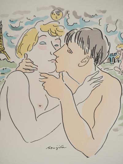 Léonard Tsuguharu FOUJITA : Les amoureux à Paris, Gravure originale signée 2