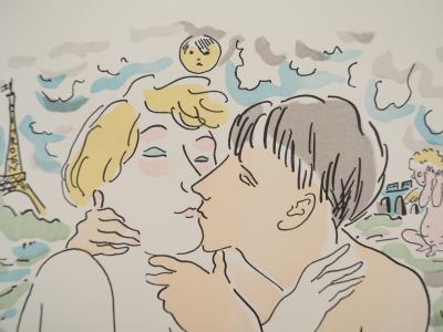 Léonard Tsuguharu FOUJITA : Les amoureux à Paris, Gravure originale signée 2