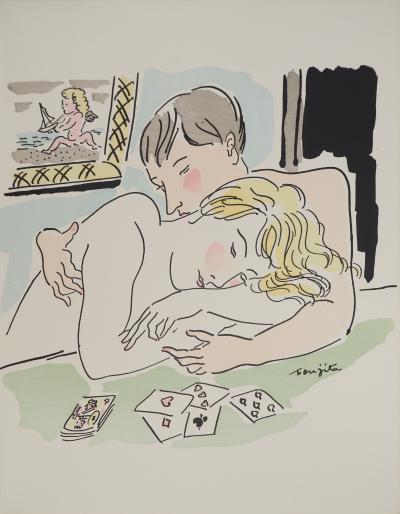 Léonard Tsuguharu FOUJITA : Amoureux au jeu de cartes, Gravure originale signée 2