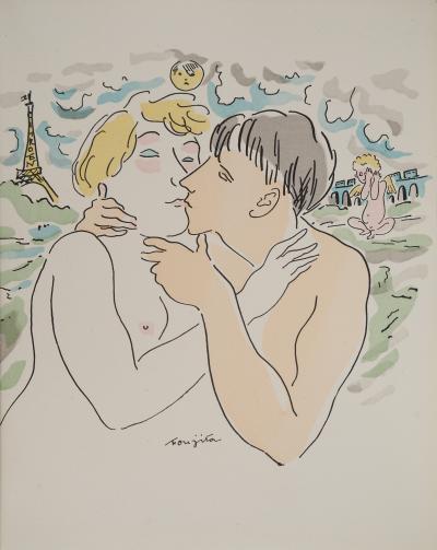 Léonard Tsuguharu FOUJITA : Les amoureux à Paris, Gravure originale signée
