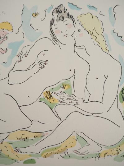 Léonard Tsuguharu FOUJITA : Couple de femmes et chérubins, Gravure originale signée 2