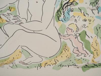 Léonard Tsuguharu FOUJITA : Couple de femmes et chérubins, Gravure originale signée 2