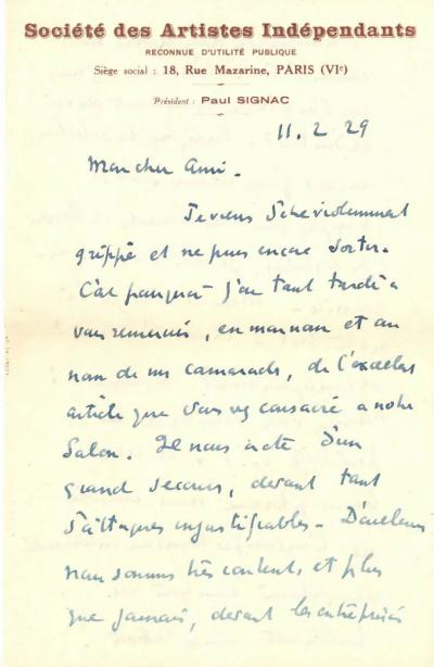 Paul SIGNAC - Lettre autographe signée, 1929, Seurat, Renoir, Cézanne. 2