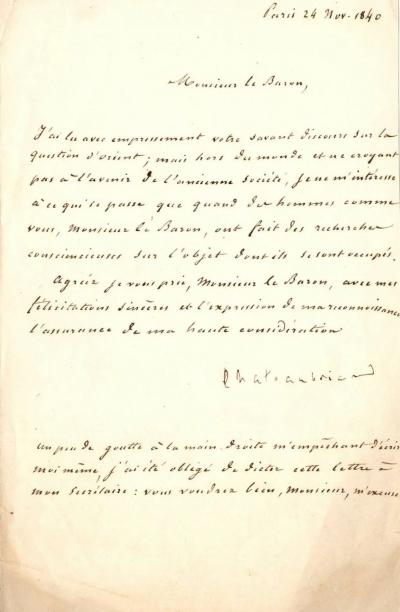 François René de CHATEAUBRIAND - Lettre signée « Chateaubriand », Paris,1840, à un baron 2