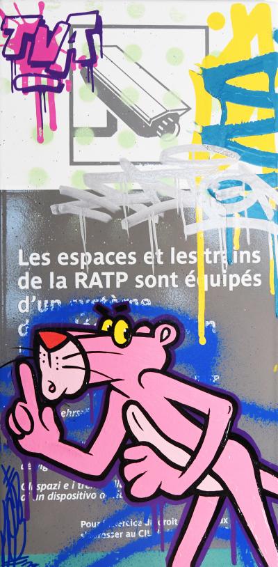 Fat - Pink Panthère - Peinture acrylique et aérosol sur plaque métro métallique 2