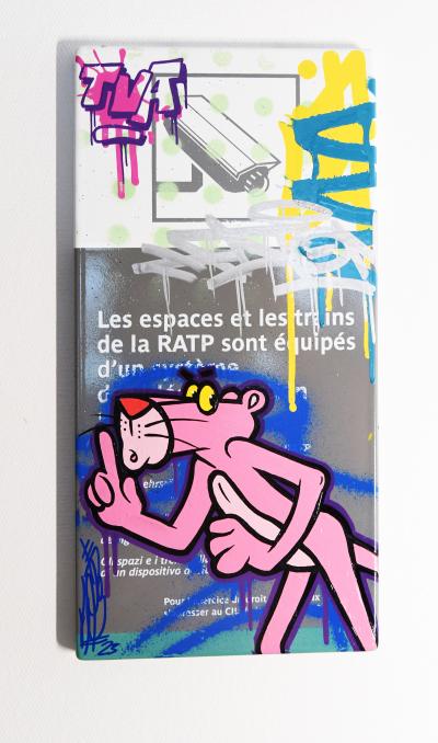 Fat - Pink Panthère - Peinture acrylique et aérosol sur plaque métro métallique 2