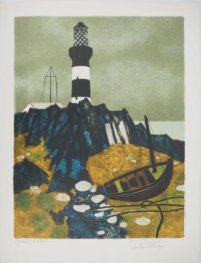 Yves GANNE (1931), Bretaña, El faro - Litografía original firmada 2