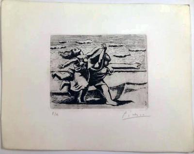 Pablo Picasso - Deux femmes courant sur la plage - Gravure ancienne sur papier vélin, Signée et numérotée E/A 2
