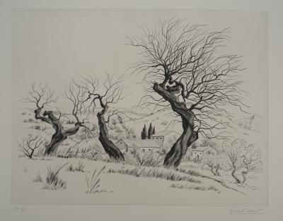 Edmond GIRARD-MOND, Les 3 vieux amandiers, 1964 - Gravure sur cuivre originale Signée 2
