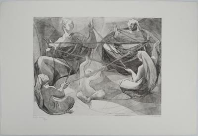 Magdeleine MOCQUOT (1910-1991), Les fils croisés - Gravure sur cuivre originale Signée 2