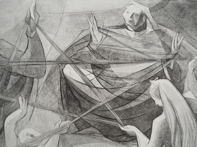 Magdeleine MOCQUOT (1910-1991), Les fils croisés - Gravure sur cuivre originale Signée 2