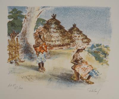 André VILLEBOEUF (1893-1956), Femmes africaines au village - Lithographie originale Signée 2