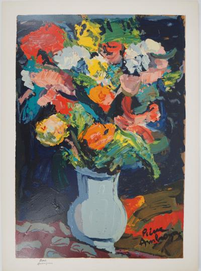 Pierre AMBROGIANI (1907-1985), Bouquet coloré - Bois gravé original Signé 2